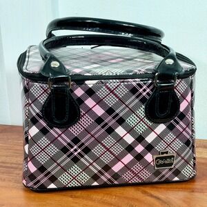 Caboodles Plaid Cosmetic Makeup Train Case Bag Black Pink Patent Handles